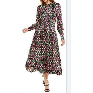 Host & Var cotton midi satin dress geometric print ruched waist cocktail sz M